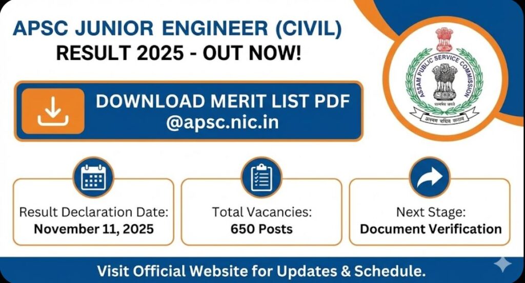APSC Junior Engineer Civil Result 2025 Out Download Merit List @apsc.nic.in